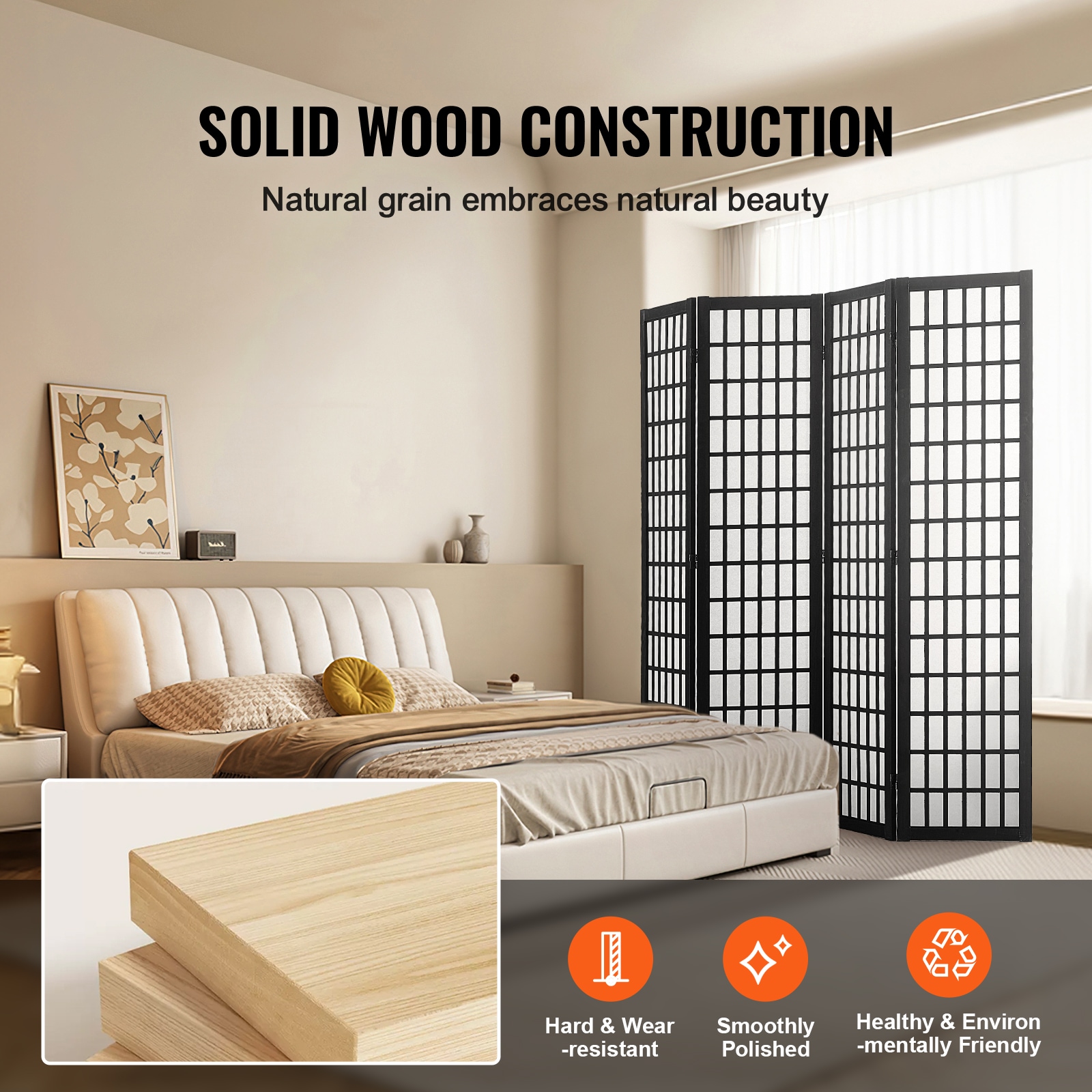 4 Panel Japanese Room Divider Wood Folding Privacy Screen Indoor_voghion.com
